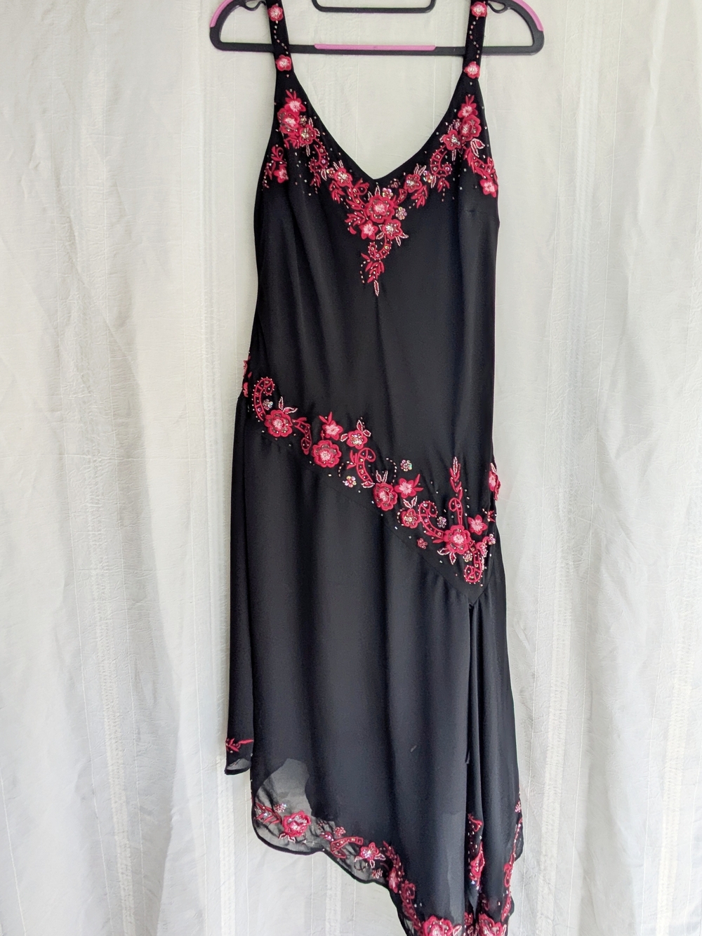 Y2K Whimsigoth Beaded Black Slip Dress With Asymmetric Hem